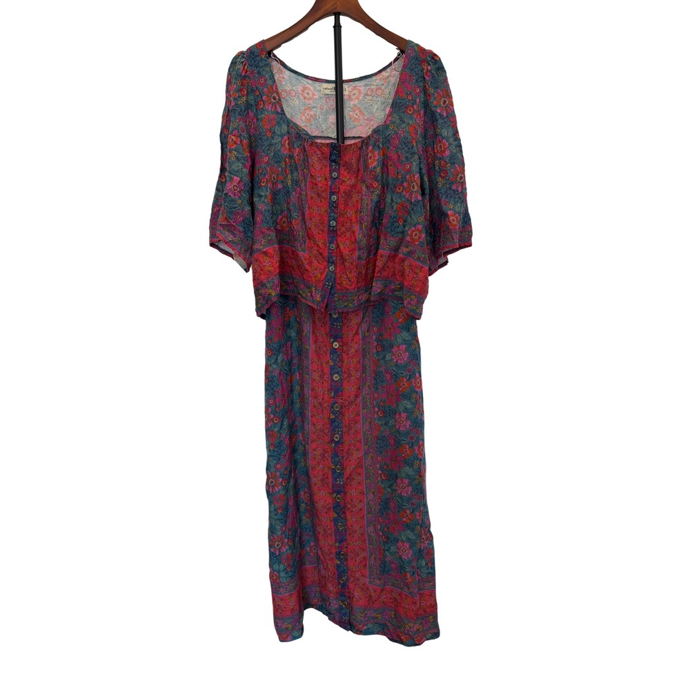 Natural Life Boho Floral Two Piece Set Teal Pink Maxi Skirt Crop Top Large NWT
